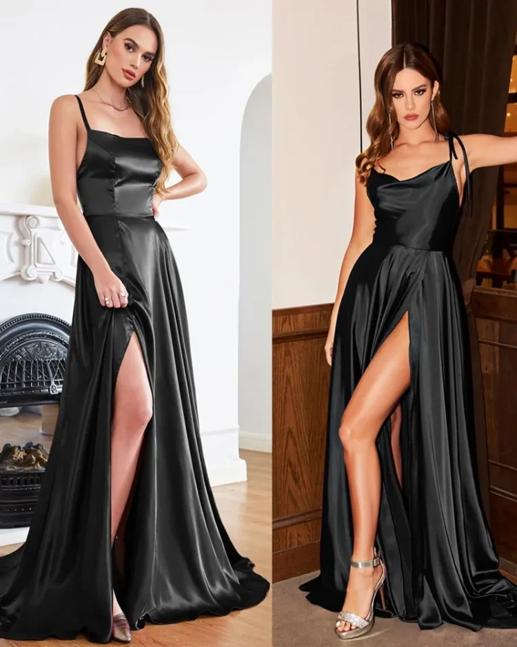 Dusty Blue Ladies A-line Long Satin Evening Dresses Women 2023 Sexy Spaghetti Straps Sexy Slit Wedding Prom Party Gowns Vestidos 1