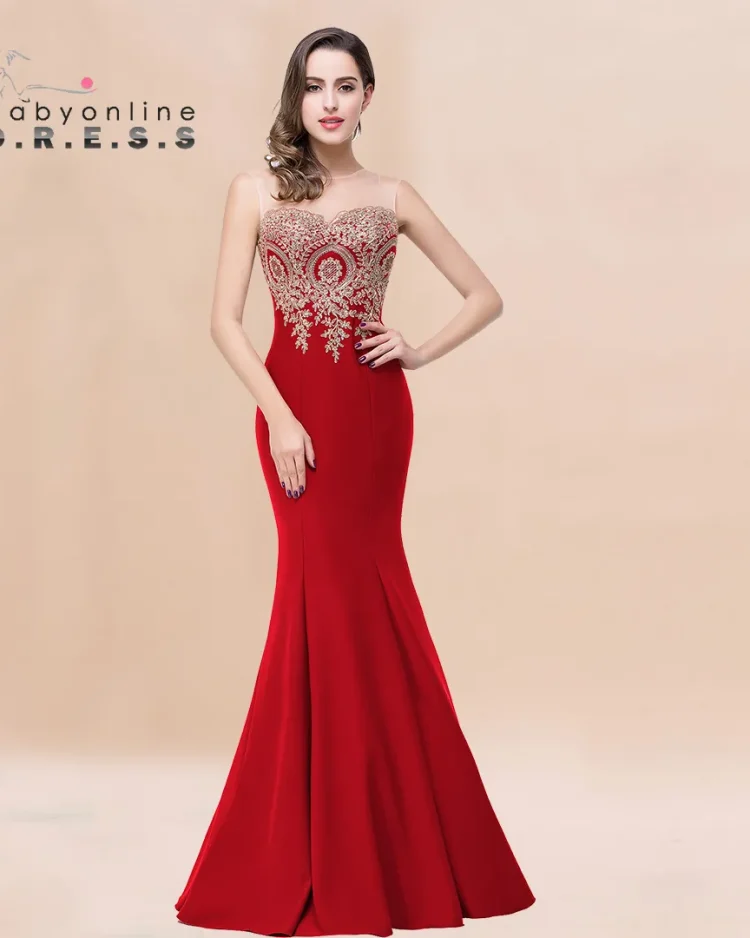 BABYONLINE Golden Appqulies Bridesmaid Dresses for Women Maxi Floor Length Mermaid Gowns Elegant Sweetheart Illusion Summer 1