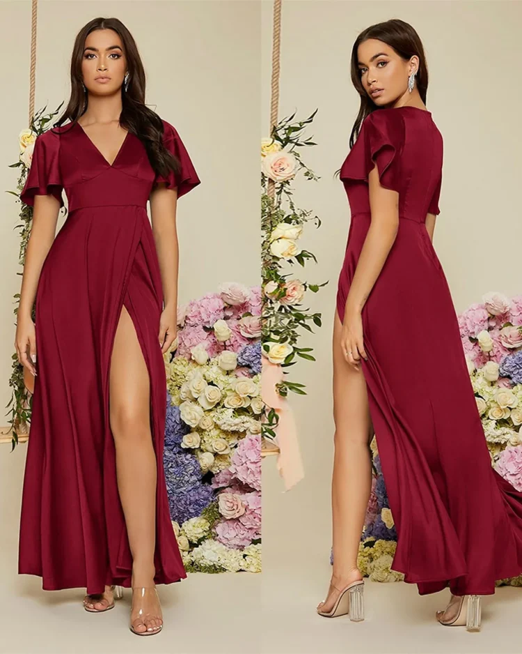 Luxury Prom Evening Dresses Long A-LINE Short Sleeve V-neck Floor-Length 2023 Chiffon Exquisite Bridesmaid Women Dress Vestidos 1