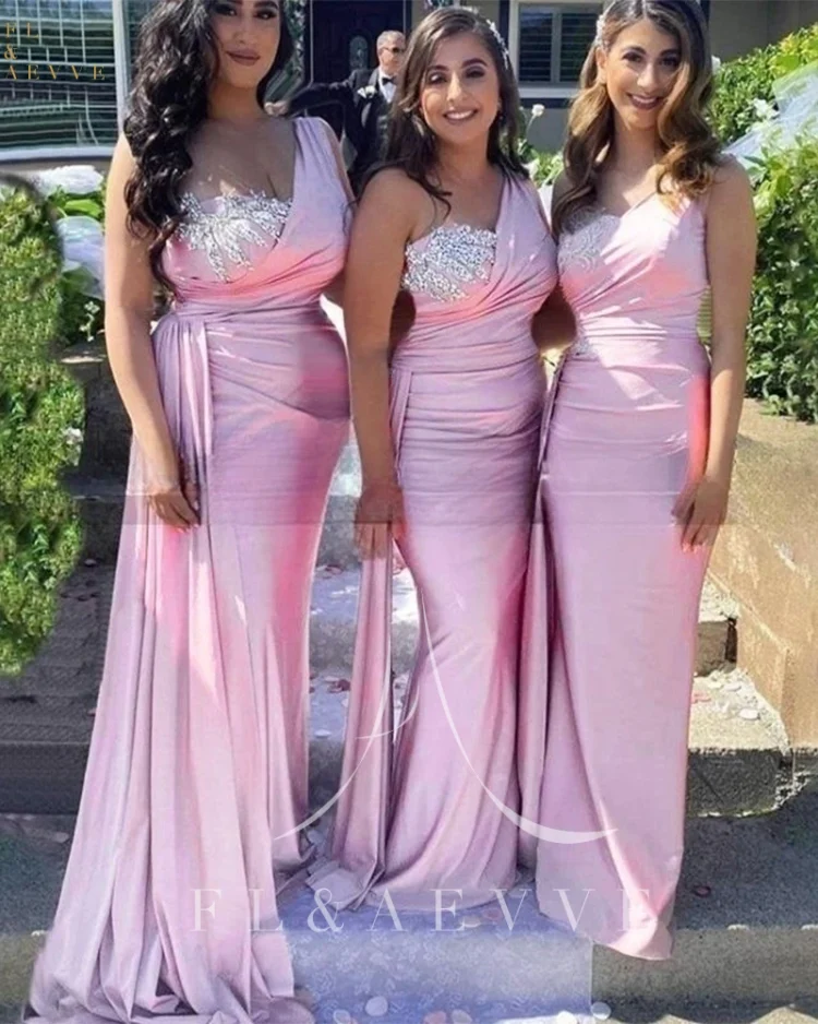 Pink Satin Bridesmaid Dresses One Shoulder Beaded Crystal Long Wedding Party Dress Mermaid Elegant Gowns Dresses for Bridesmaids 1