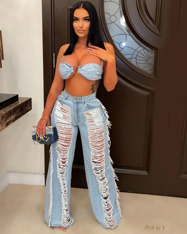 Denim Sexy Two Piece Sets Women Outfits Y2K Streetwear 2023 Ladies Summer Denim Jeans Ripped Pant Bikini Top 2 Piece Set Outfits 1