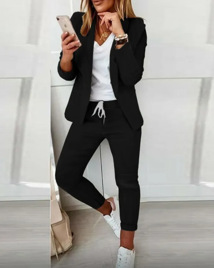 Women's Suit 2-piece Jacket + Pants Sets 2022 Autumn New Fashion Casual Turn-down Collar Long Sleeve Blazer Set Office Lady 1