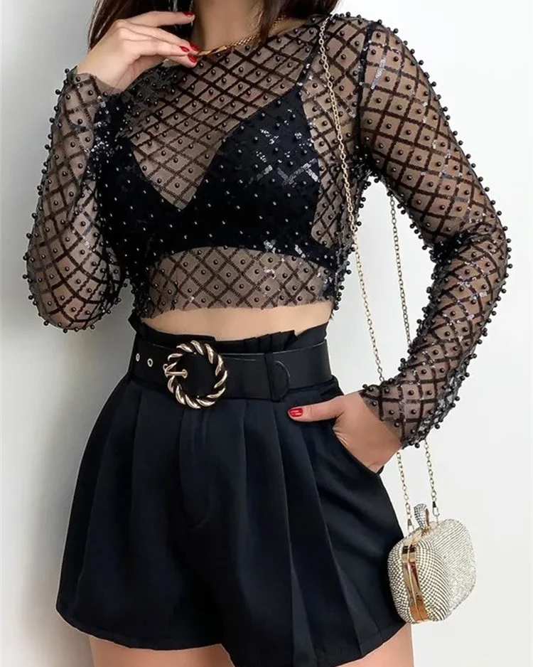 Women Pearl Sparkly See Through Shirts Long Sleeve Mesh Crop Tops 2023 Summer Club Sexy Harajuku Gothic Tops and Blouses Summer 1