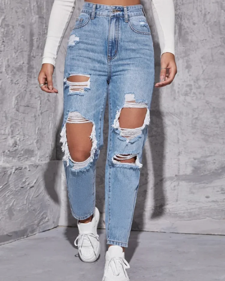 Denimcolab Fashion Hole Washing High Waist Jeans Woman Cotton Denim Straight Pants Ladies High Street Ripped Jeans Trousers 1