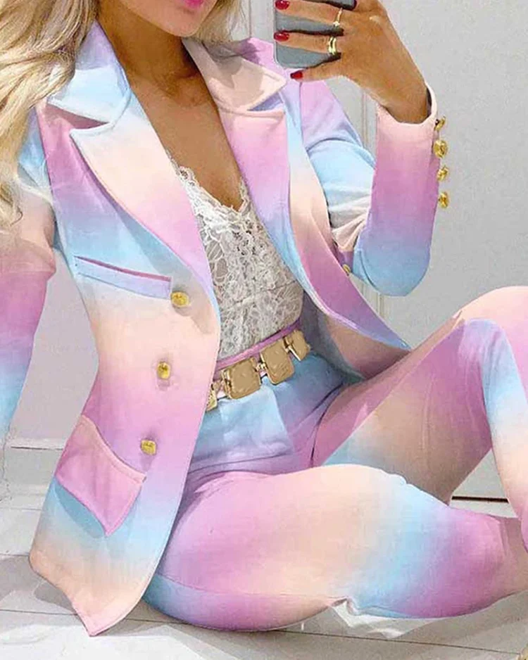 Fashion Women Jacket + Pants 2 Piece Set Spring New Button Long Sleeve Turn-down Collar Print Suit Casual Blazer Versatile Set 1