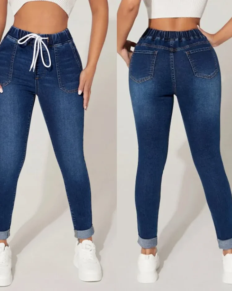 2023 Autumn and Winter Women's High Stretch Elastic Waist Drawstring Jeans Fashion Skinny Slim Ankle-Length Denim Pencil Pants 1