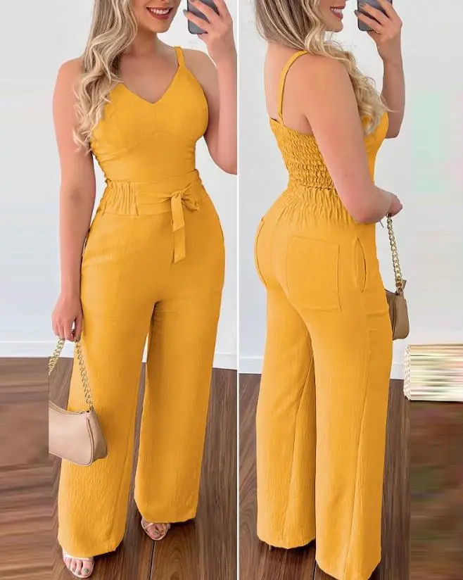 2023 Summer Woman Long Jumpsuits Elegant Sexy V-Neck Shirred Cami Top & High Waist Pants Set Fashion Casual One Pieces 1