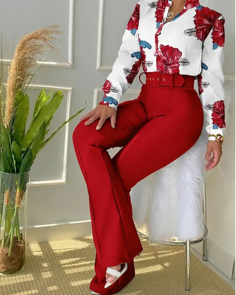 Casual Long Sleeve Shirt Pants Set Office Lady Fashion V Neck Floral Print Shirt Trousers Two Piece Set Women Outfit 2023 1