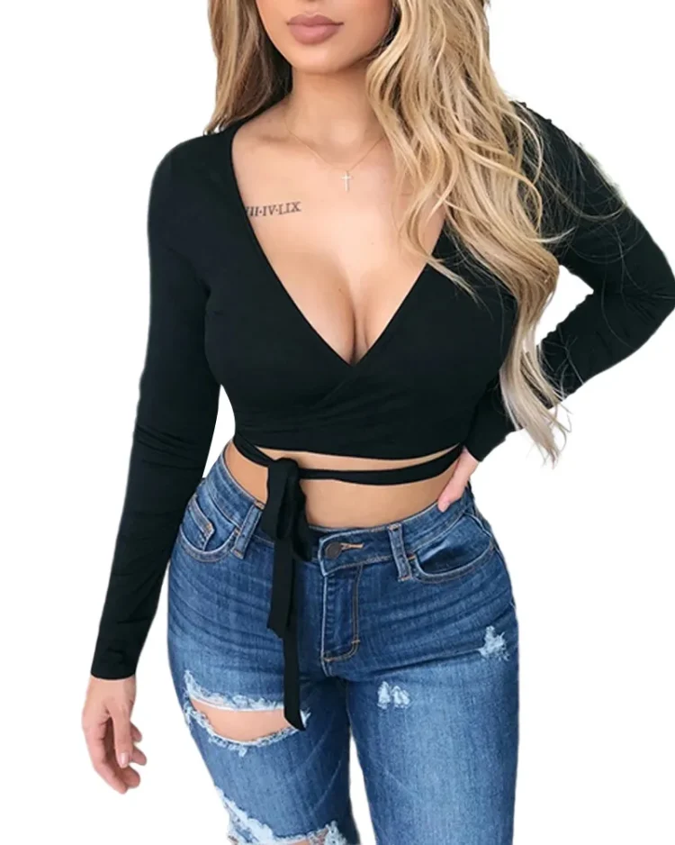 New Women Ladies Summer Casual Wrap Crop Top Sexy Deep V Neck Knot Front Long Sleeve Basic Tee Casual Strappy Blouse 1