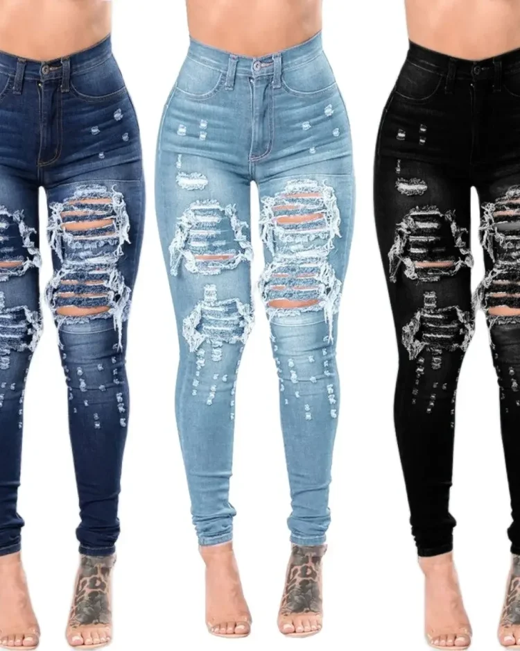 2023 New Women's High Waist Ripped Jeans Fashion Elastic Slim Hip Lift Denim Pencil Pants Casual Female Trousers S-3XL Drop Ship 1