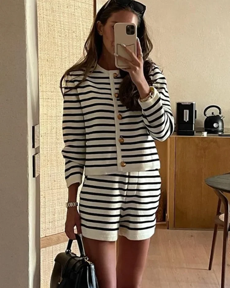 Tossy Striped Knit 2 Piece-Set Shorts Women Fashion Zebra Printed Cardigan And High Waist Patchwork Shorts Sets Knitwear Outfits 1