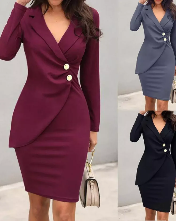Women Elegant Cotton Dresses Working Office Formal Long Sleeves Bodycon Slim Pure Colors V Back Classic Design Ladies Clothes 1