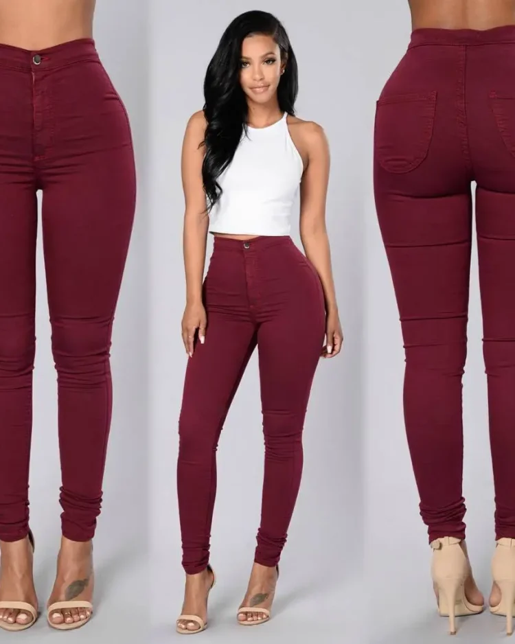 Women's Fashion Plain Color Skinny Jeans Zipper Trousers Casual High Waist Leggings Stretch Push Up Pencil Feet Pants Bottoms 1