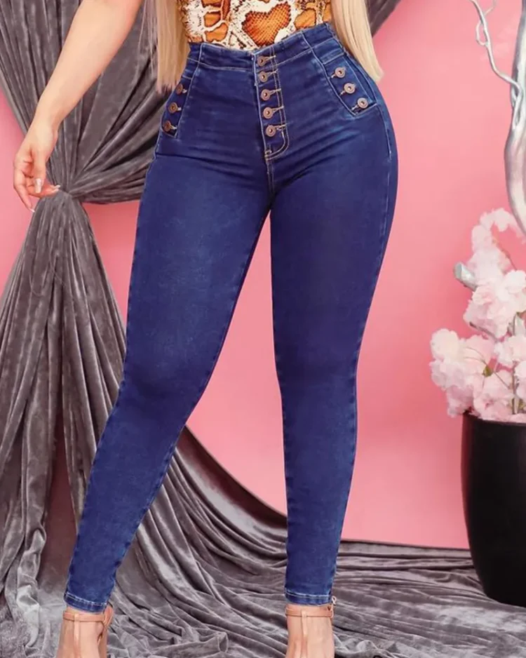 2023 Elasticity Skinny Jeans For Women High Waist Stretch Pants Button Style Butt Lifting Fashion Stretch Dark Blue Trousers 1