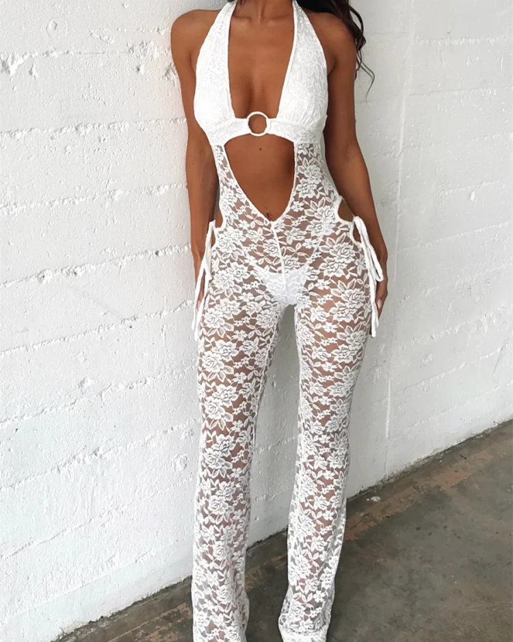 Sexy See Through Floral Lace 1Piece Women Jumpsuit Cutout Halter Elegant Backless Black White Jumpsuits Nightclub Outfits 1