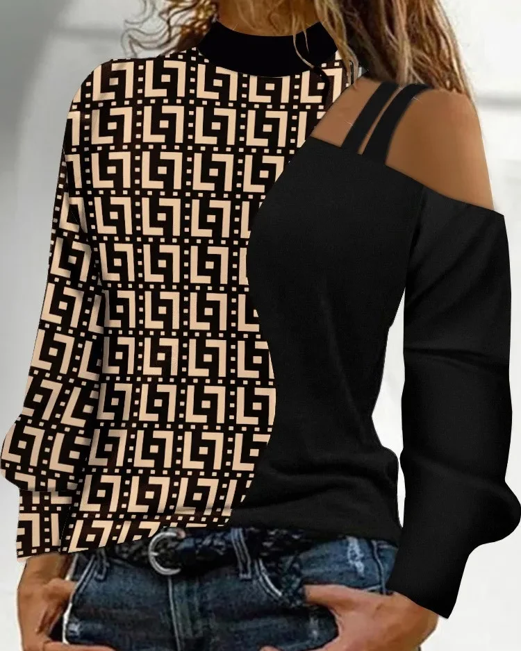 Autumn Winter Fashion Sexy Off Shoulder Print Tops 2023 Women Elegant O-neck Long Sleeve Office Lady Female Party Chic Blouse 1
