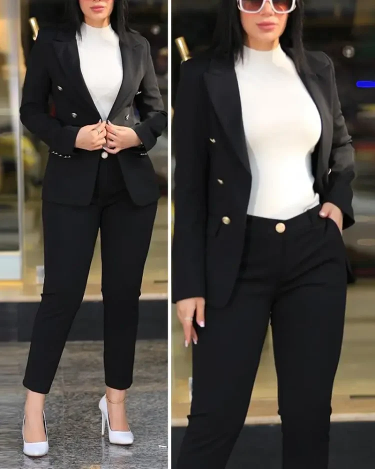 Long Sleeve Pants Suit Elegant Double-breasted Women's Coat Pants Suit for Formal Business Commute Slim Fit Jacket with High 1