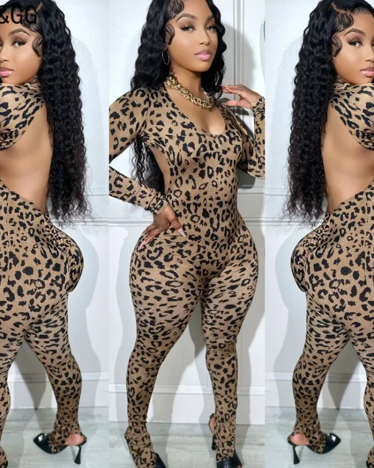 HLJ&GG Sexy Backless Lace Up Leopard Bodycon Jumpsuits Women O Neck Long Sleeve Skinny Pants One Piece Playsuits Fashion Overall 1