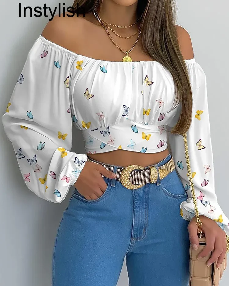 Women Elegant Off Shoulder Print Blouse Sexy Lace Up Bow Backless Slim Shirt Casual Long Sleeve Chic Crop Top Streetwear Tunic 1