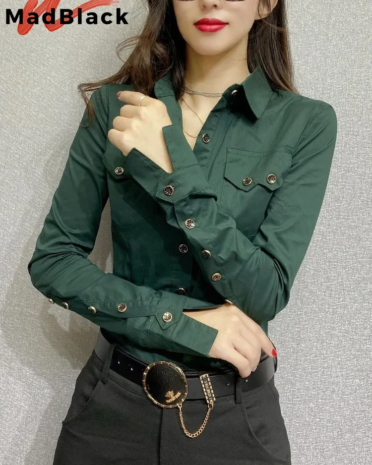 MadBlack New Spring Women's Long Sleeve Green Shirts Autumn Office Lady Pocket Blouses Women Button Up Tops 2023 T33111Z 1