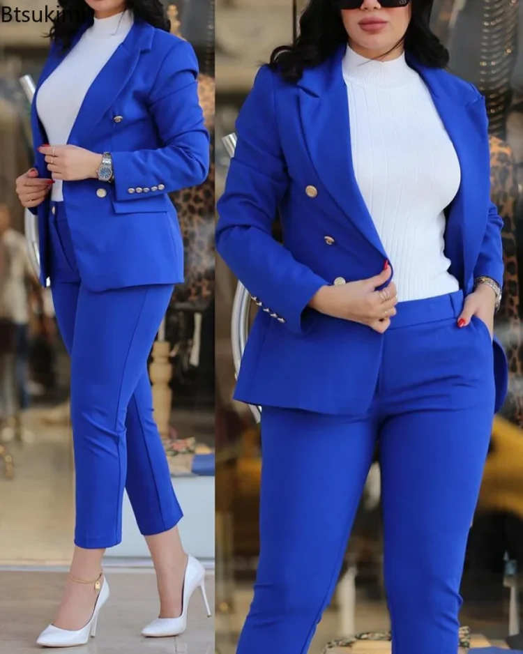 New 2023 Formal Office Pant Sets Women 2PCS Double Breasted Solid Blazers Jacket and Pants Two Pieces Set Female Pant Suits Sets 1