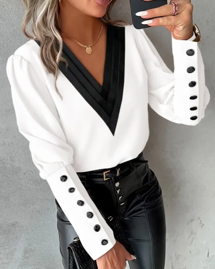 Fashion White Blouse Women 2024 Long Sleeve V Neck Casual Pullover Elegant Office Lady Pink Tops Shirts Femme 1