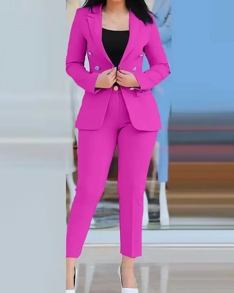 2024 Women's Office Business Pant Sets 2PCS Solid Double Breasted Blazers Jacket and Pants Sets Two Pieces Female Pant Suits Set 1