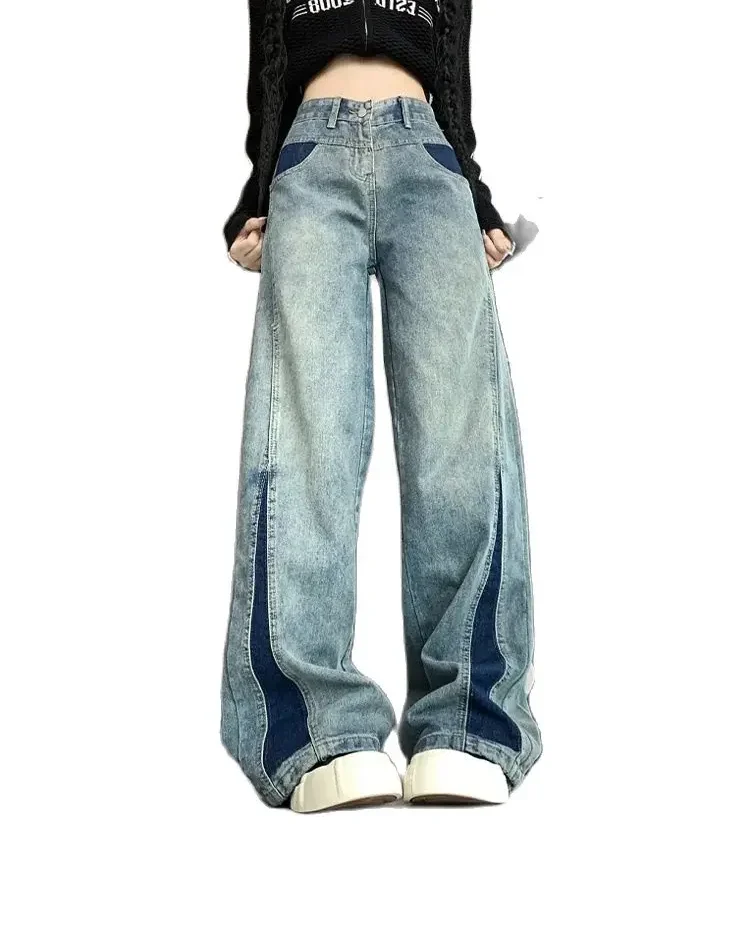 Harajuku Streetwear Retro Fashion Splicing Women High Waist Jeans Loose Wide Leg Straight Loose Denim Trousers Y2K Baggy Pants 1