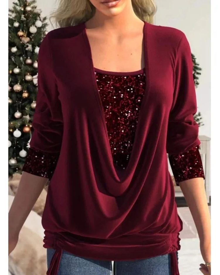 Sequin Blouse Women Top Luxurious Solid Color Square Neck Long Sleeve Tops Lady Elegant Spring Autumn Party Clothing 1