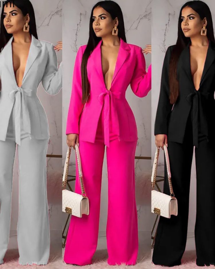 New 2023 Women's Formal Business Suit Sets Office Wear Two Piece Blazer Pants Sets Professional Woman Suit With Waist Tied Sets 1