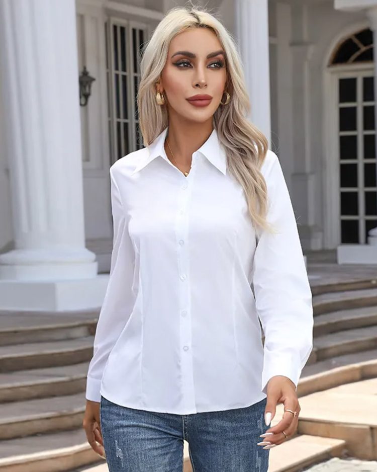 White Shirt Women Fashion Button Up Shirt Long Sleeved Blouse Office Lady Tops Oversized Business Shirt S-6XL Solid Womens Tops 1