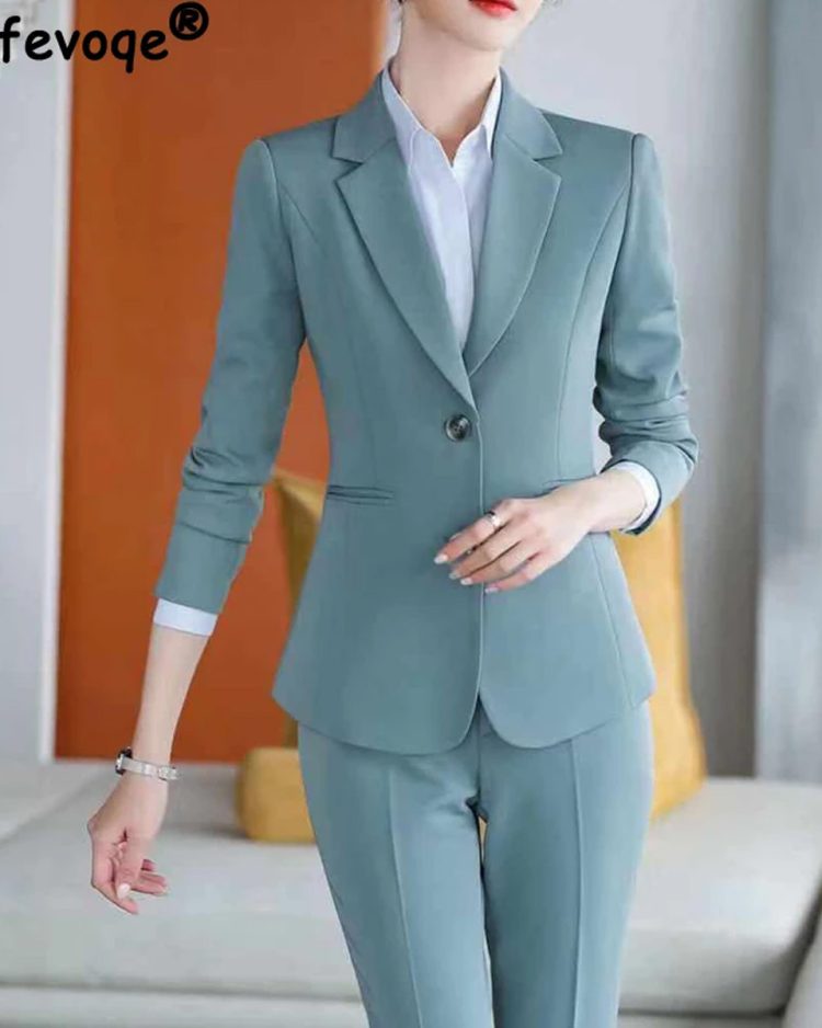2 Piece Sets Women Korean Fashion Elegant Slim Blazer Jacket Office Lady Business Casual Suits High Waist Straight Pants Outfits 1