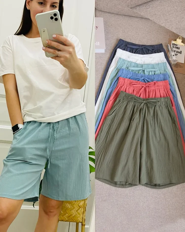 2023 Women Cotton shorts Summer Casual Solid Cotton Linen shorts high waist loose shorts for girls Soft Cool female shorts 1