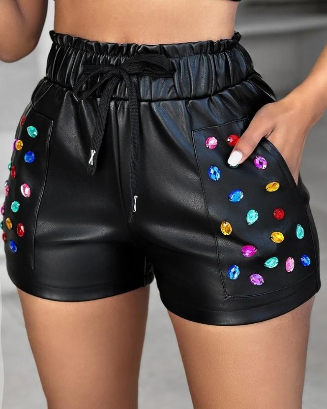 2024 New Fashion Women's Colorful Rhinestone Pu Leather Shorts Female Casual Bottom Female Clothing Outfits 1