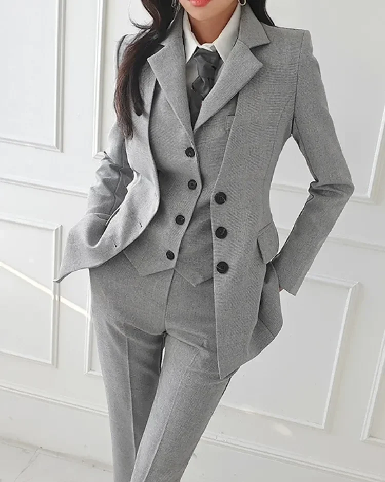 Women Vintage High Quality Office Suit Ladies Work Wear OL Pantsuits Formal Female Blazer Jacket Vest Trousers 3 Pieces Set 1