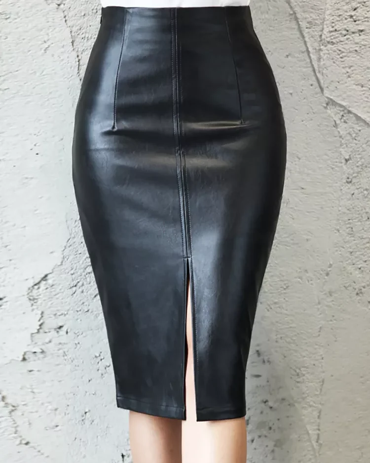Aachoae Black PU Leather Skirt Women 2022 New Midi Sexy High Waist Bodycon Split Skirt Office Pencil Skirt Knee Length 1