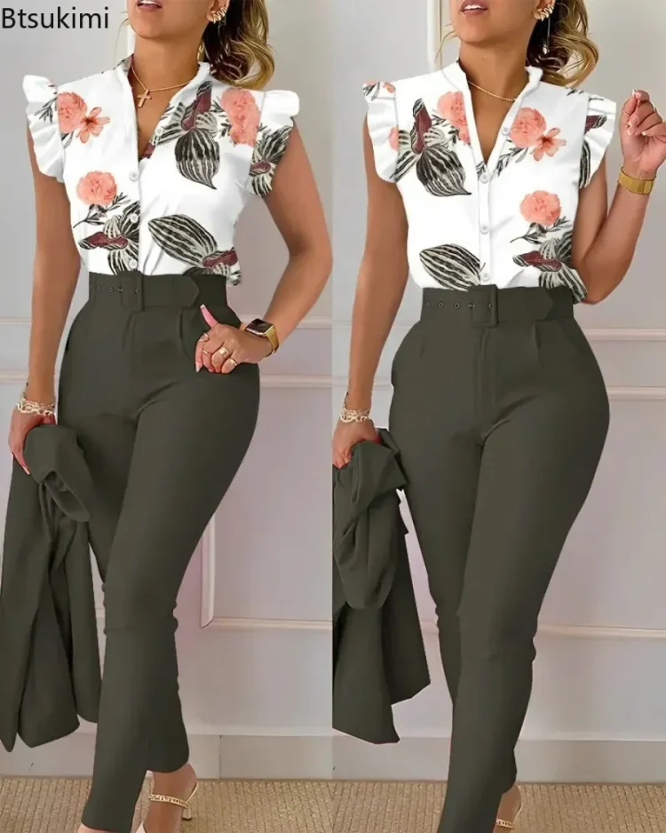 2024 Women's Summer Floral Print Shirt and High Waist Pants with Belt Women 2pcs Office Suit Sets Slim 2 Pieces Suit Pants Sets 1