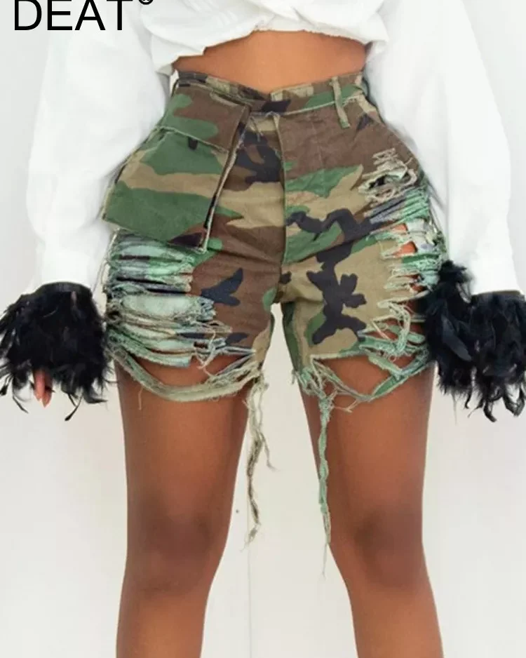 DEAT Fashion Women's Denim Shorts High Waist Loose Straight Camouflage Tassels Hollow Out Short Jeans Spring 2024 New 17A5933 1