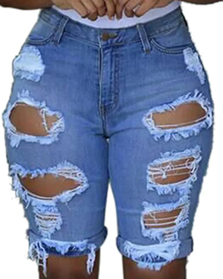 30h Women Elastic Destroyed Hole Jeans Fashion Summer Short Pants Denim Short Jeans for women Ripped Jeans 2022 джинсы 1