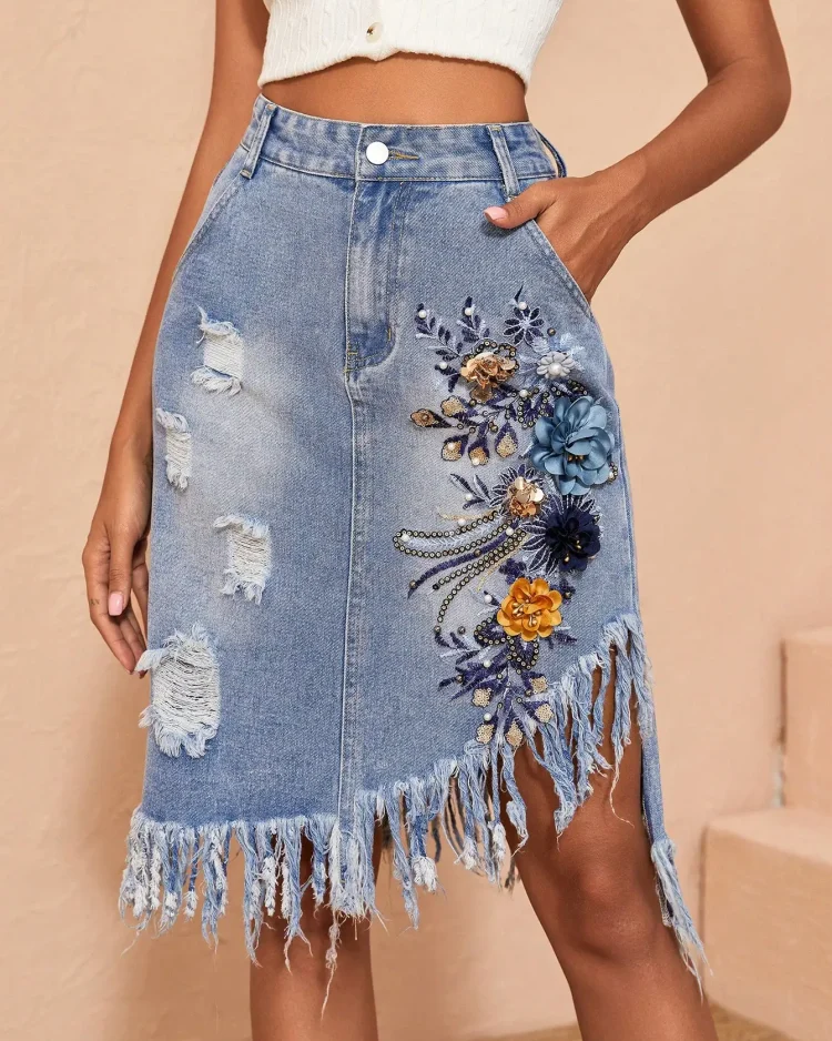 2023 Elegant Women Vintage 3D Floral Embroidery Sequin Pearl Detail Ripped Fringe Hem Asymmetric Slant Pocket Denim Skirt 1