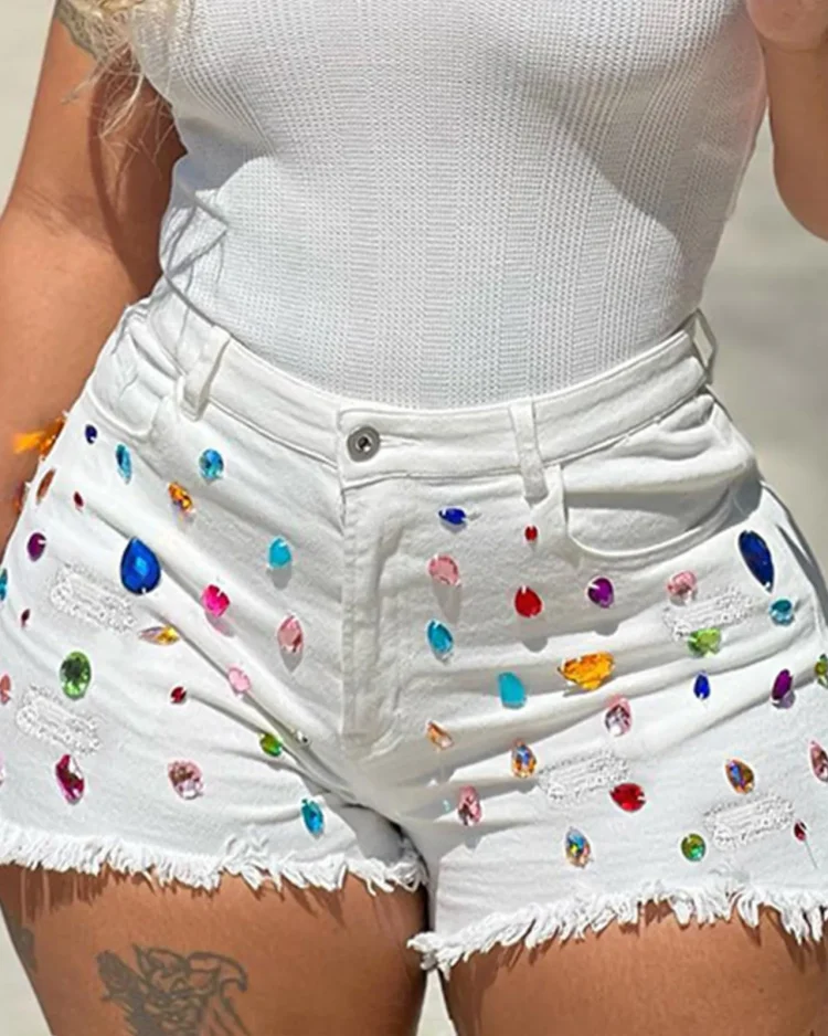 New Arrival Exquisite Rhinestone Beaded Denim Shorts Women High Waist Slimming Lift Butt Jean Shorts 2023 Trousers Summer Bottom 1