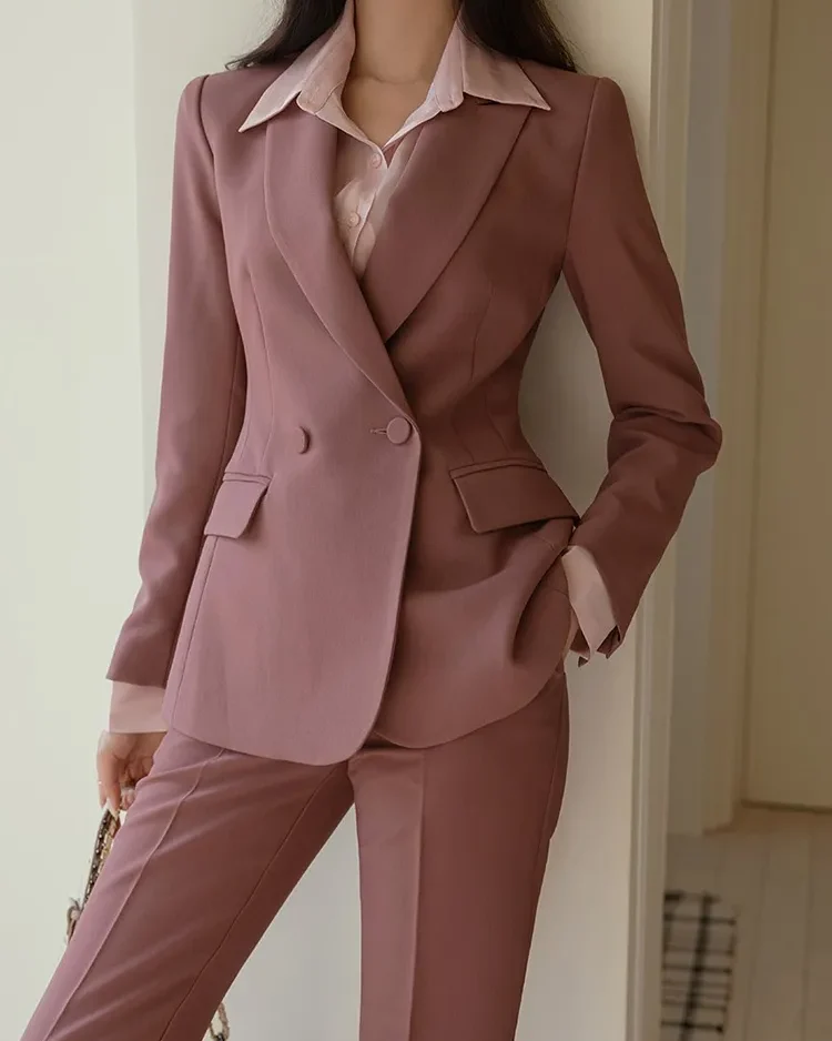 Women Casual Vintage Formal Pantsuit Breasted Blaser Jackets Solid Elegant Pantalons 2 Piece Female Business Trousers Outfits 1