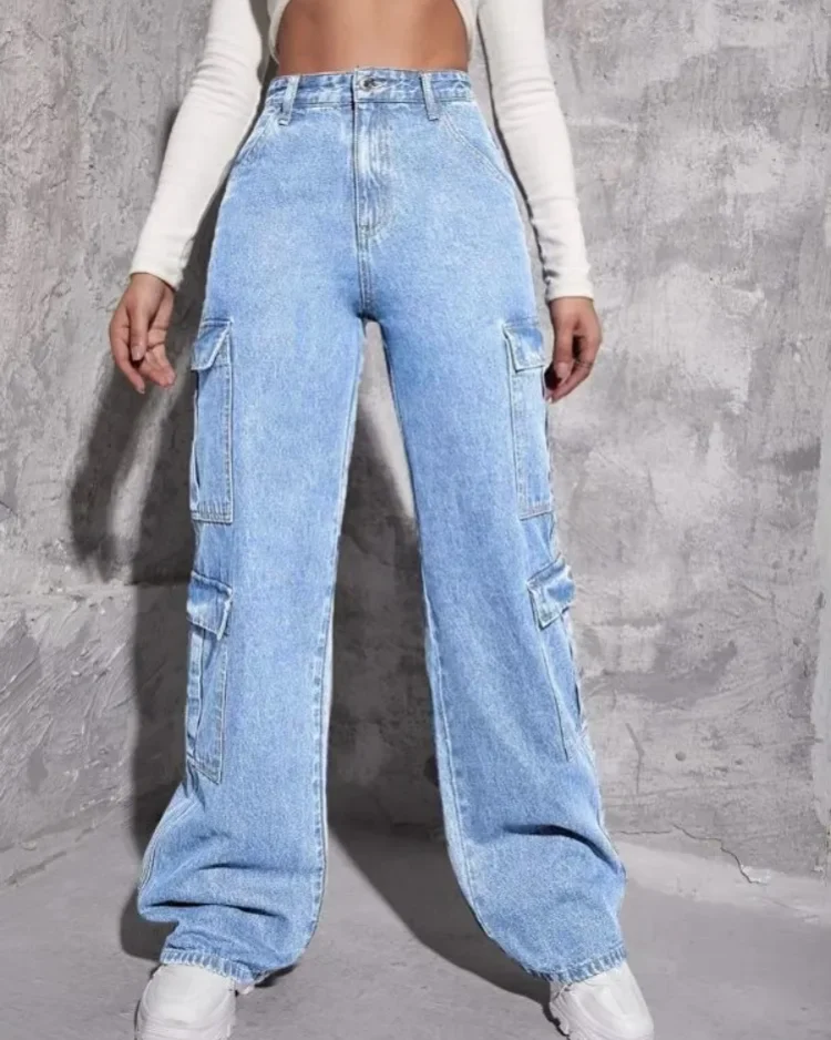 2023 Best Selling Y2K Style Women's Jeans Fashion Multi Pocket Loose Denim Straight Leg Pants Casual Female Cargo Jeans XS-L 1