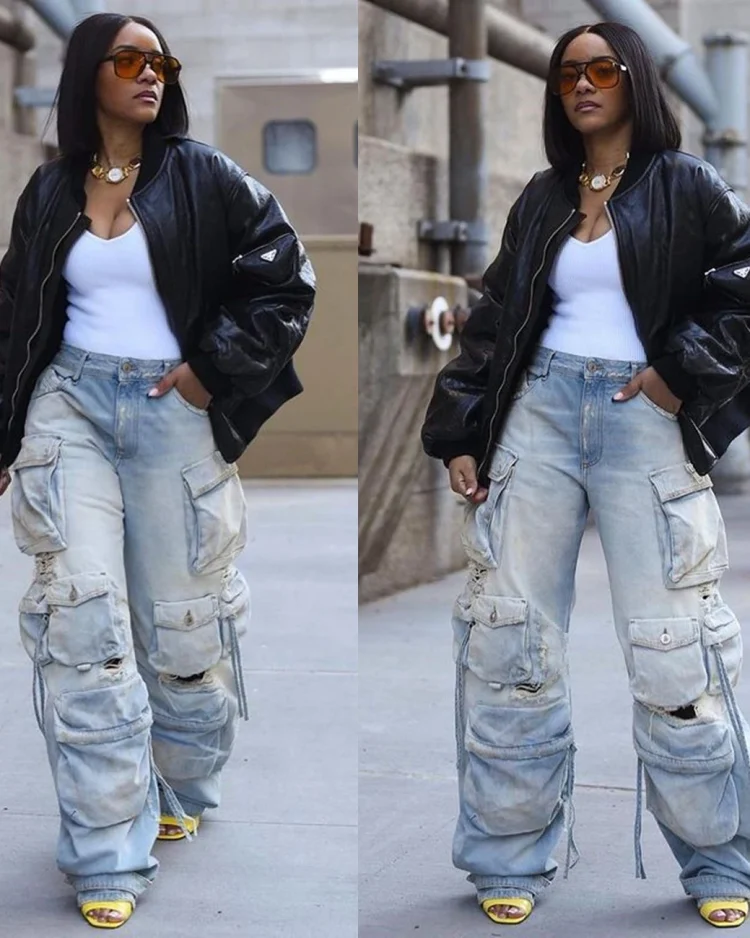 Baggy Denim Pocket Pants Jeans High Waist Cargo Y2K Streetwear Fashion 2023 Women Summer Clothes Trousers Denim Wide Leg Pants 1