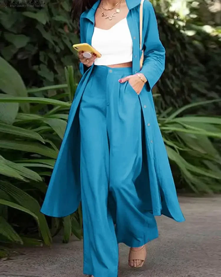 ZANZEA Spring Women Fashion Urban Tracksuit Oversized Elegant OL Office Solid Suits Casual Wide Leg Pants Sets Outifits 2023 1