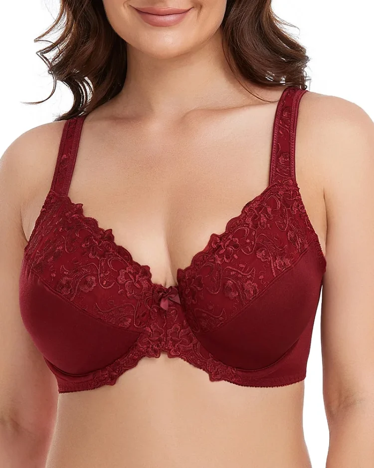 New Wine Red Lace Embroidery Plus Size Bras For Women Sexy Underwired Thin Bra Big Cup Full Cup Women Bra C D E F G H I J Cup 1
